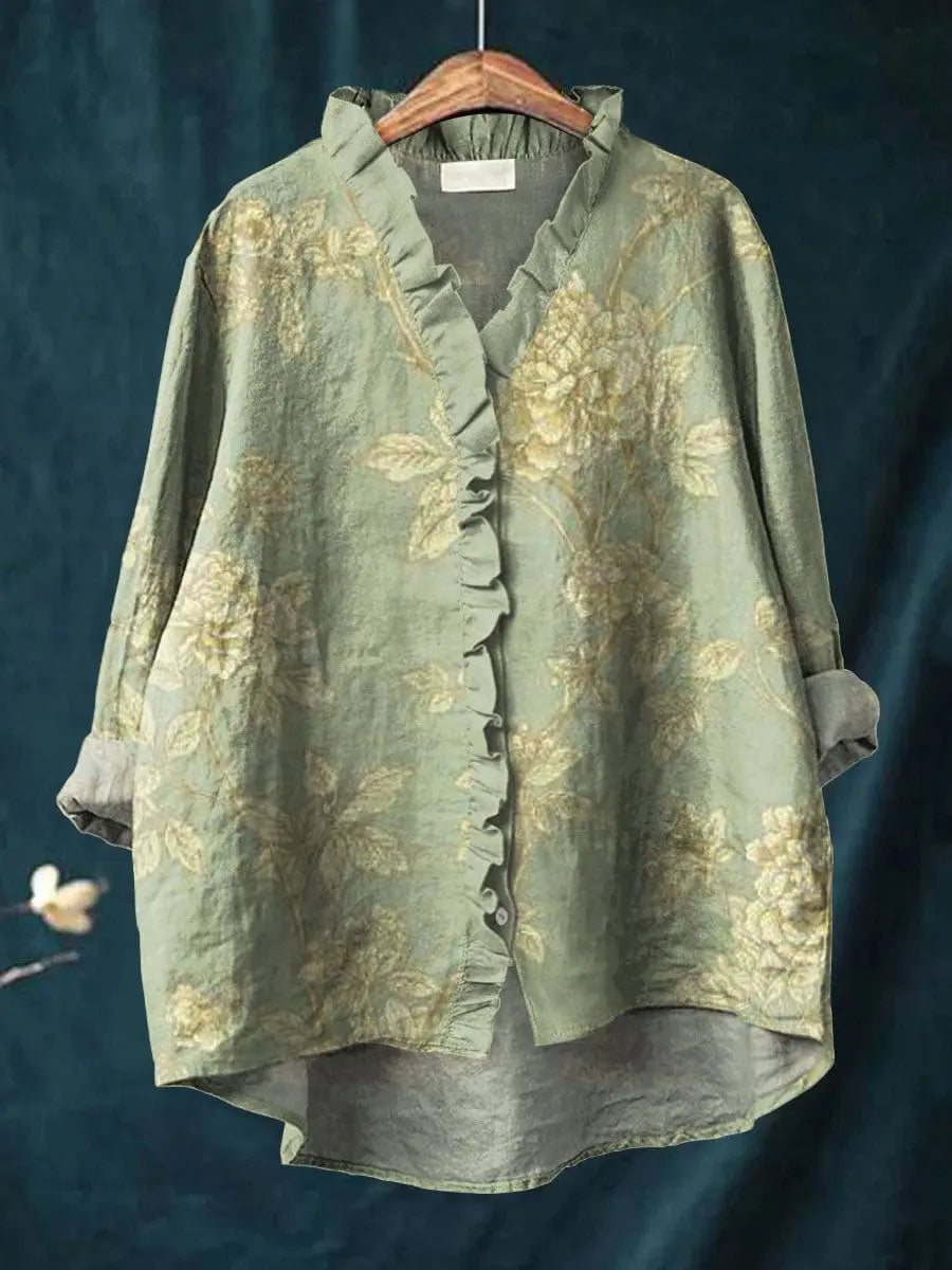 Amelise | Floral Linen Ruffle Blouse