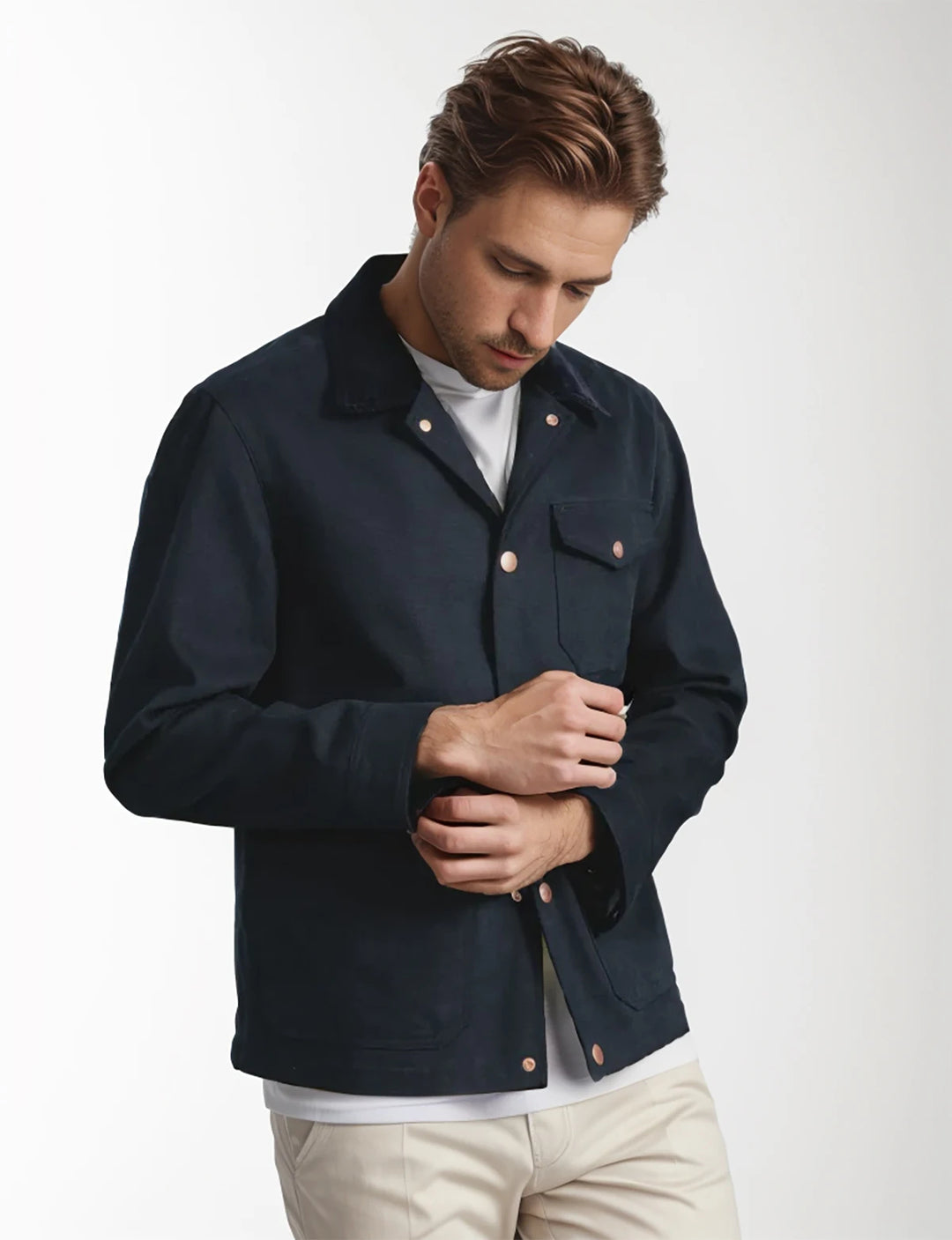Men's button down field jacket with four pockets - blue