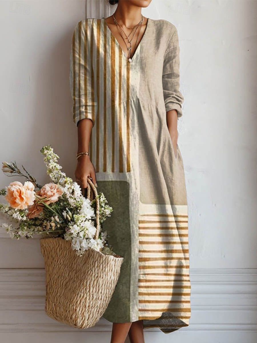 Auryn | Women's Khaki Linen Abstract Print V-Neck Half Sleeve Midi Dress