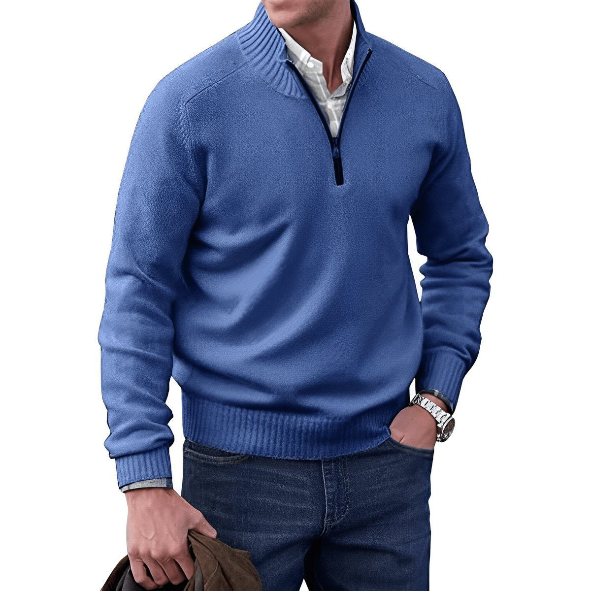 Quarter-zip knitted sweater for men - blue