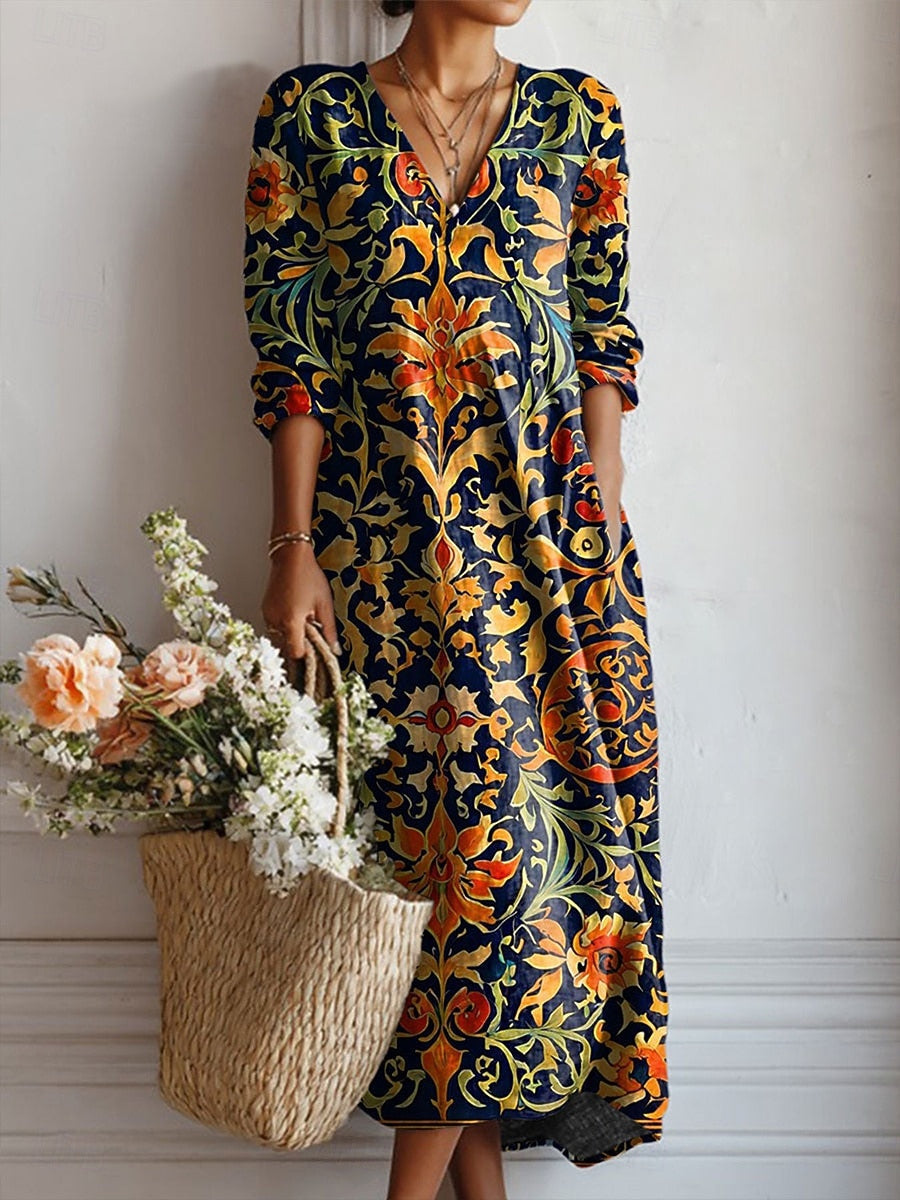 Calla | Women's Navy Cotton Boho Baroque Scroll V-Neck Midi Dress