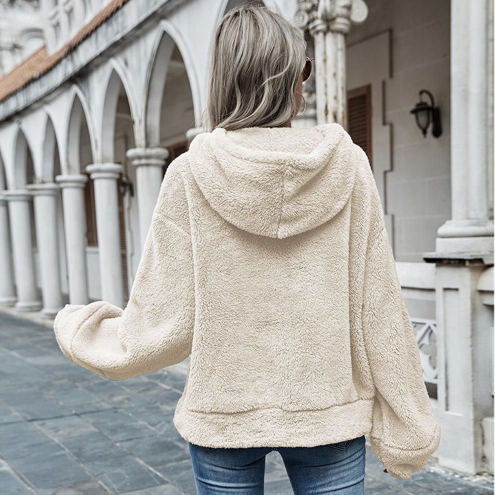Women's apricot hooded loose fit plush sweater