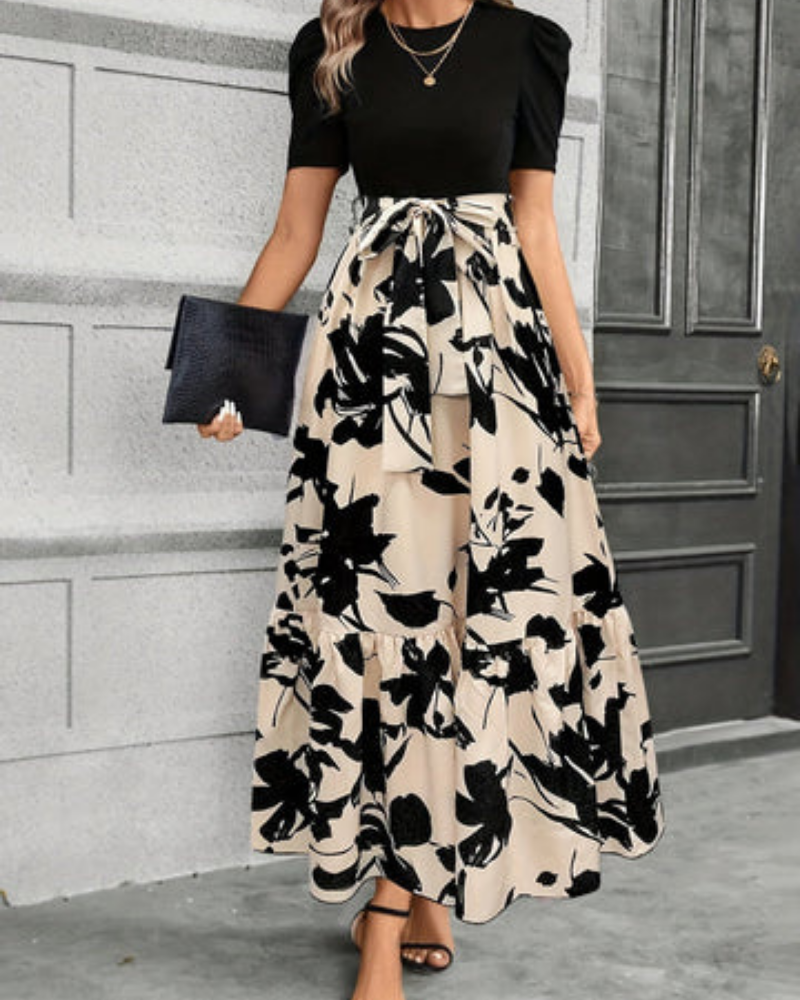 Celeste | Women's Beige Stretch Puff Sleeve Tie-Waist Tiered Maxi Dress