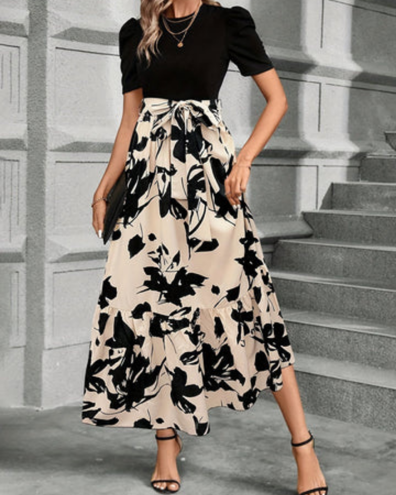 Celeste | Women's Beige Stretch Puff Sleeve Tie-Waist Tiered Maxi Dress