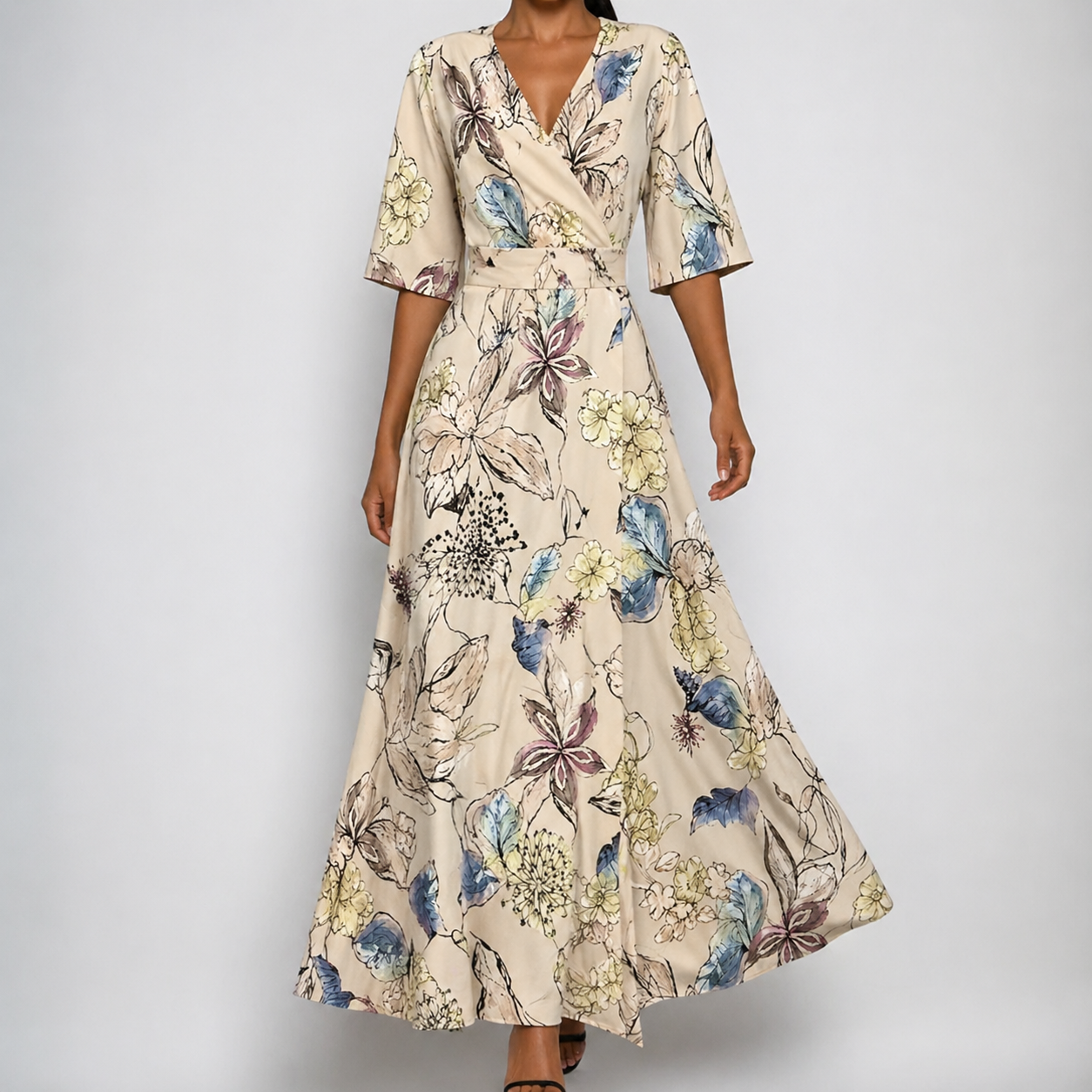 Celeste | Women's Satin Floral Wrap V-Neck Belted Maxi Dress