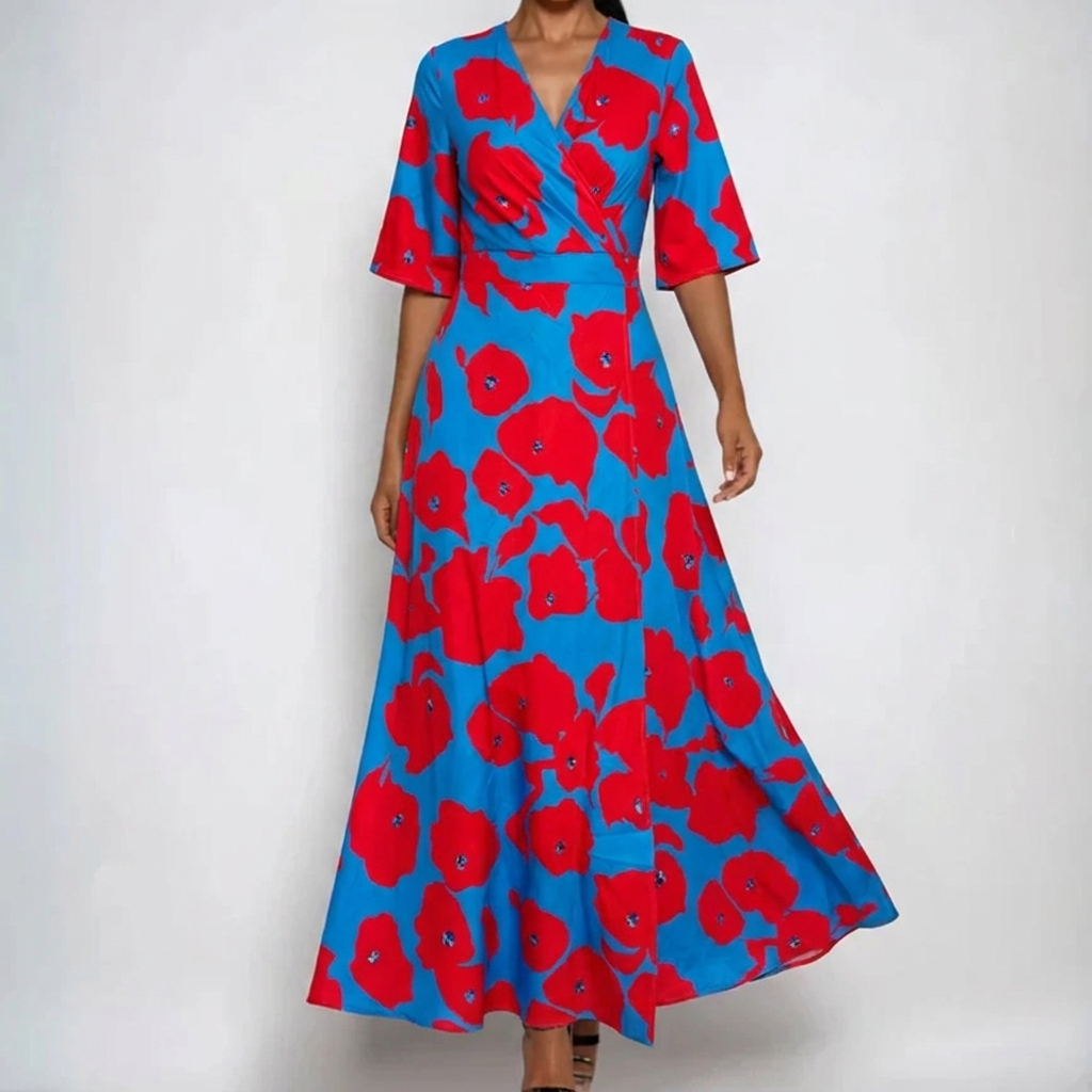 Celeste | Women's Satin Floral Wrap V-Neck Belted Maxi Dress