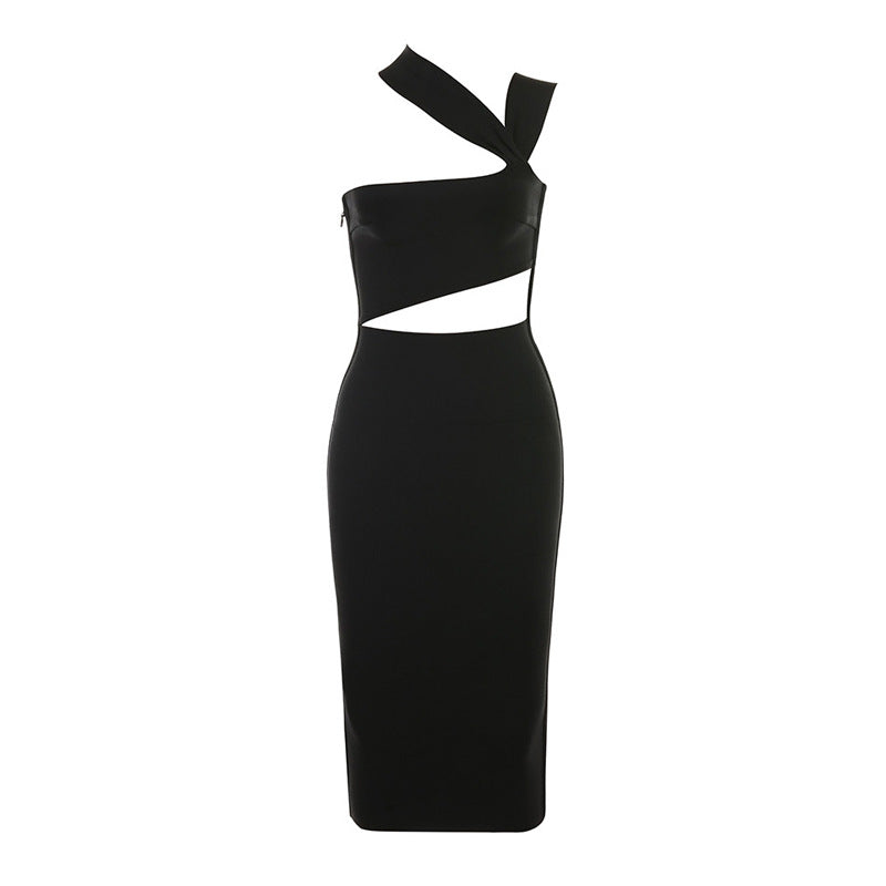Women's solid color party dress in black and caramel