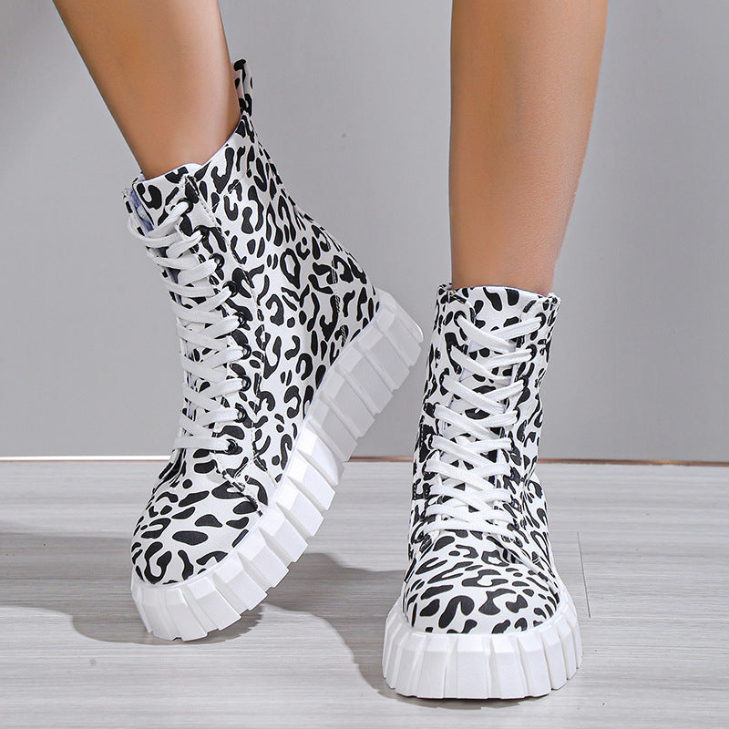 Women's leopard print platform boots with round toe