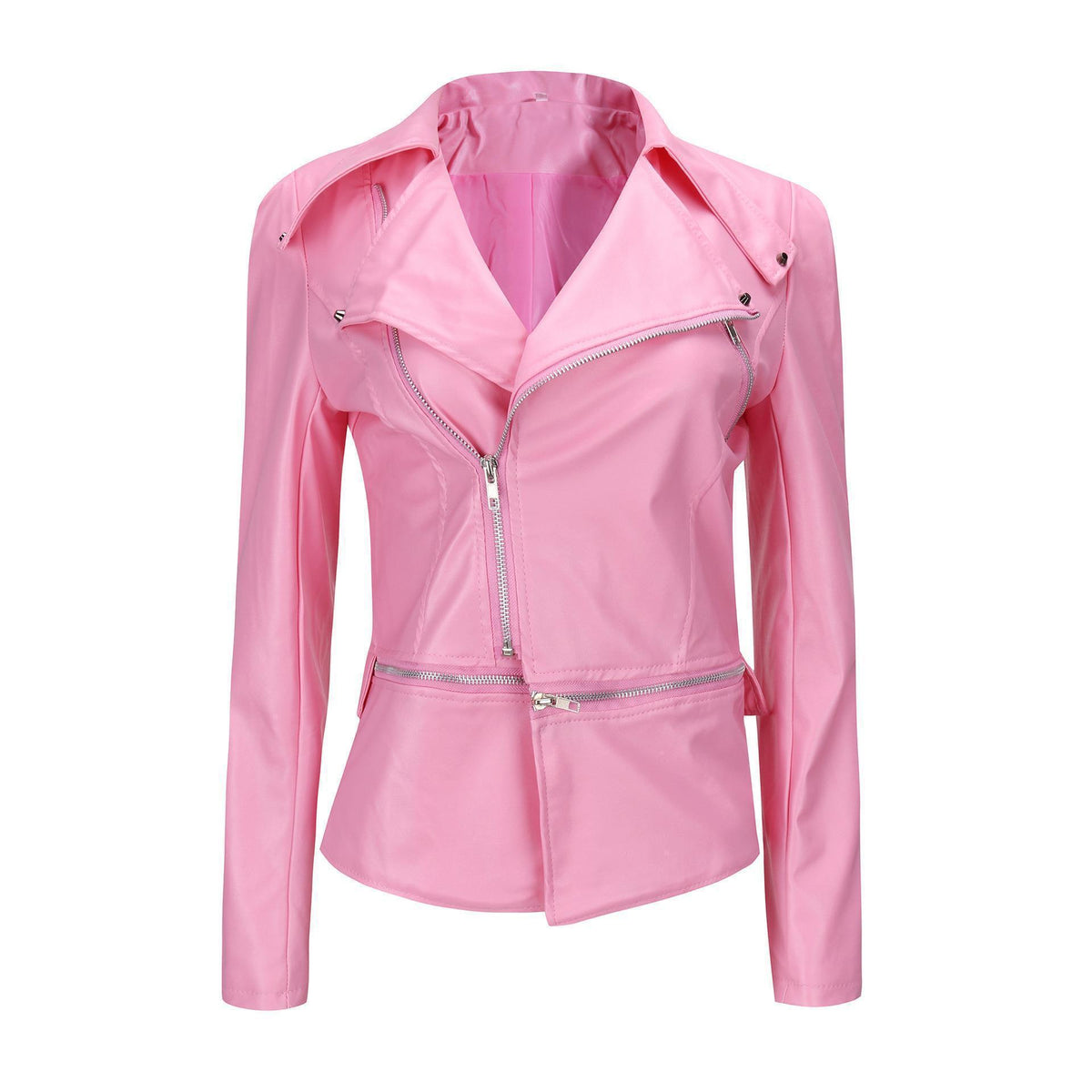 Woman wearing slim fit motorcycle faux leather jacket