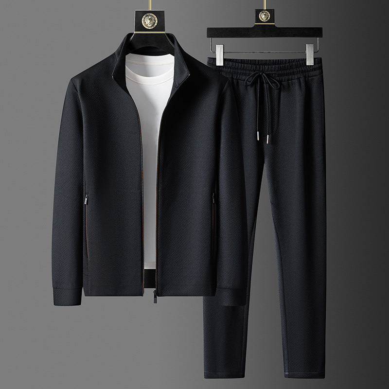 Men's textured tracksuit set with zip jacket - black