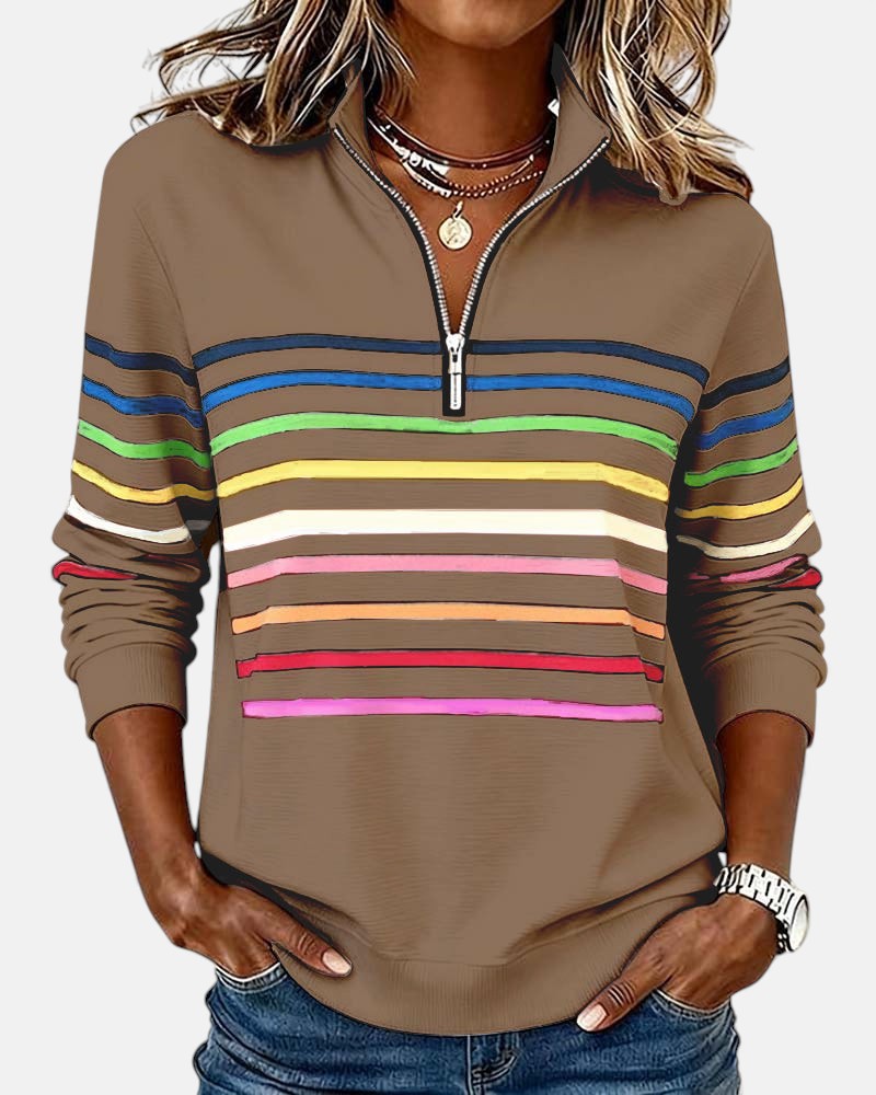 Women's rainbow striped half zip sweatshirt with stand-up collar