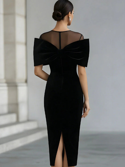 Elspeth - Cocktail Midi Dress with Sheer Neckline and Bow