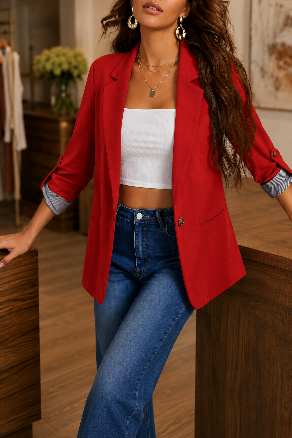 Women's lapel blazer cardigan with structured shoulders, front view