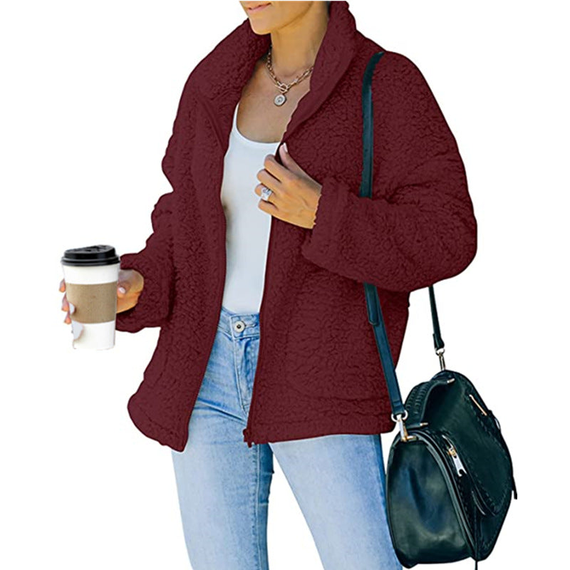 Women's plush basic jacket in army green, khaki and apricot