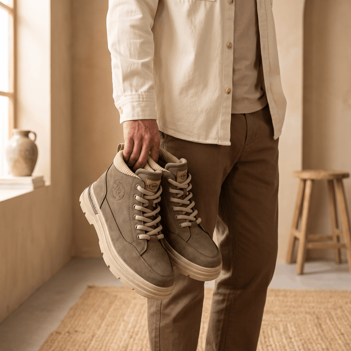 Lined Suede Winter Boots with Lugged Sole for Men