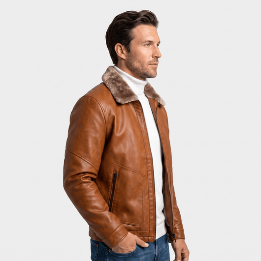 Men's leather look jacket with shearling collar