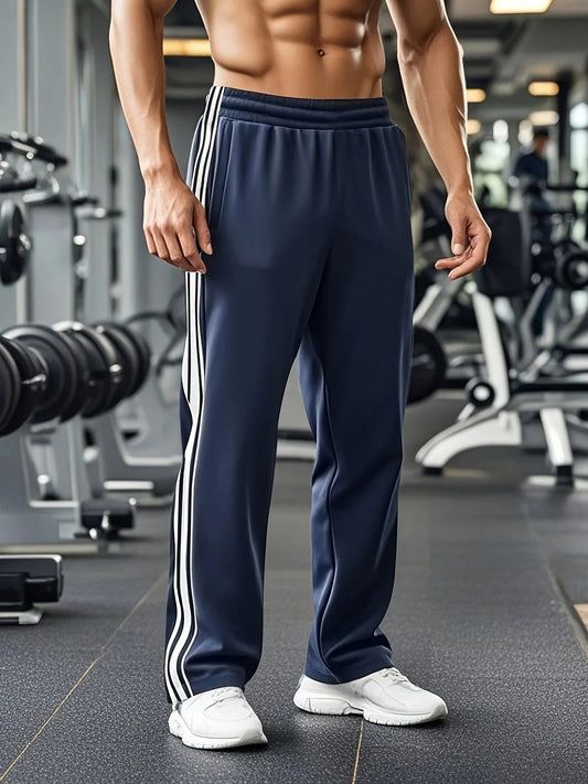 Sports Pants with Drawstring Waist and Side Stripe for Men - blue