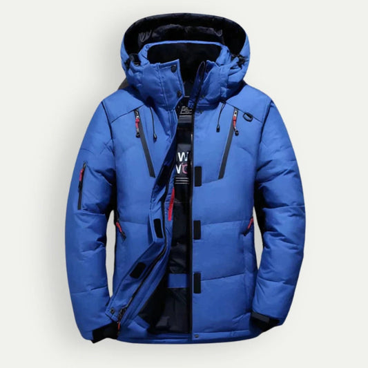 Men's hooded down jacket with elastic cuffs - blue