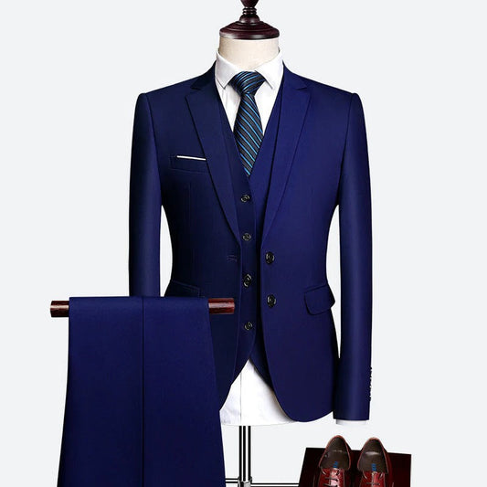 Men's three piece formal suit with waistcoat and trousers - navy blue