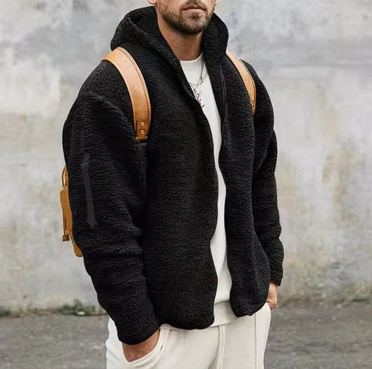 Insulated Winter Jacket with Sherpa Hood for Men - black