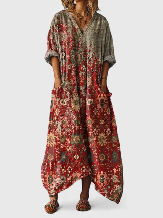 Indra | Women's Boho Print Front Pocket Maxi Dress