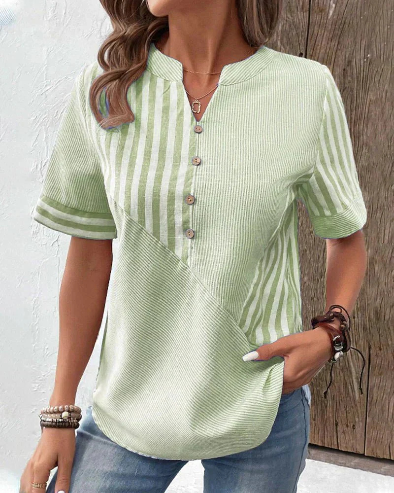Jamie | Women's Cotton Striped Colorblock Half-Button Blouse
