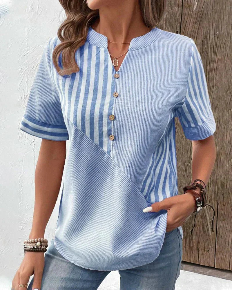Jamie | Women's Cotton Striped Colorblock Half-Button Blouse
