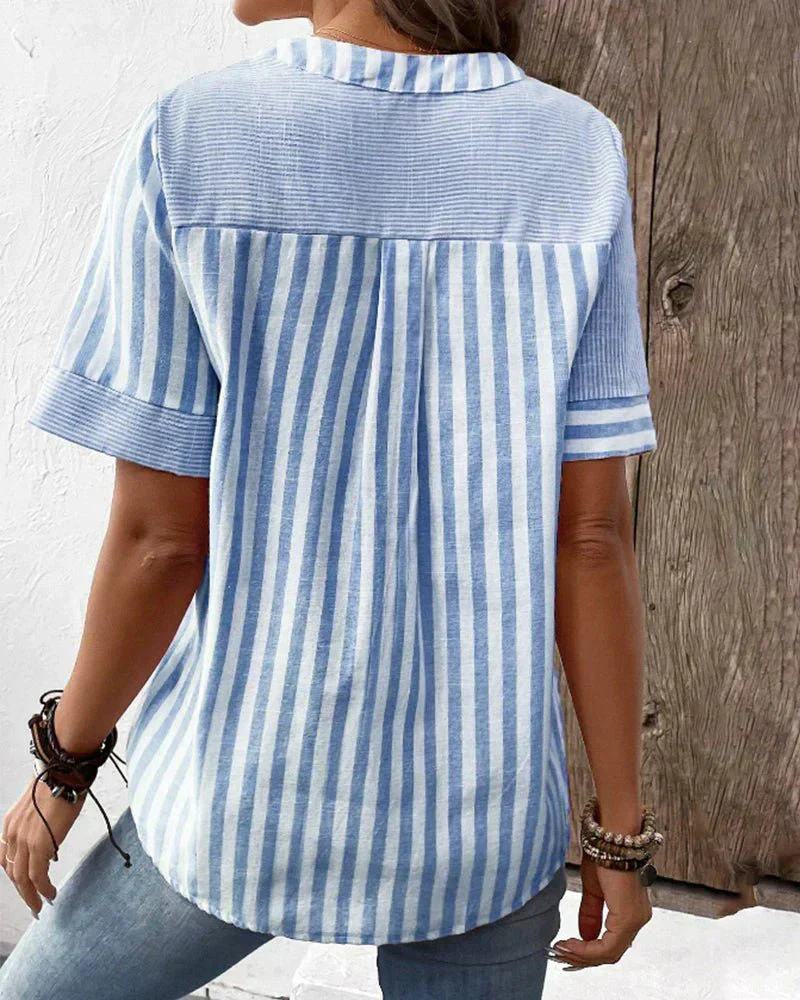Jamie | Women's Cotton Striped Colorblock Half-Button Blouse