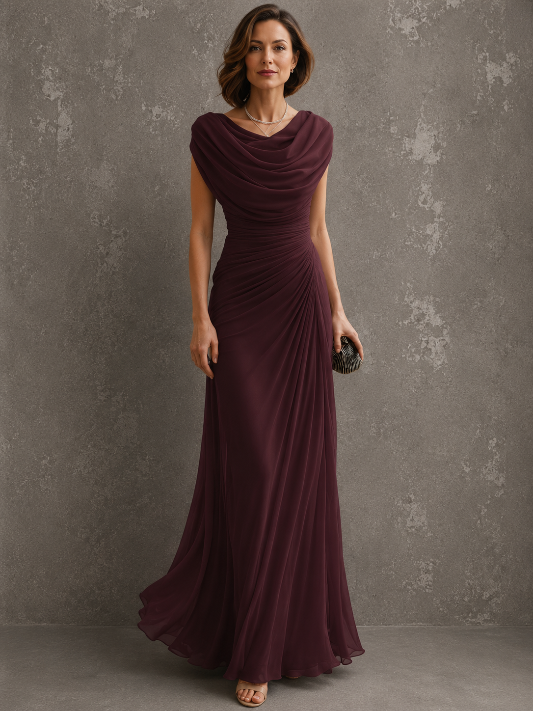 Woman wearing sleeveless draped maxi dress outdoors