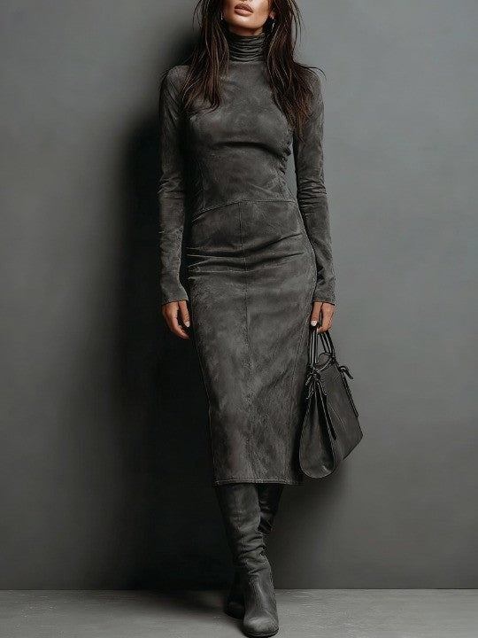 Woman wearing fitted midi dress with polo neck