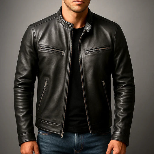 Lewis - Leather Biker Jacket with Zip Pockets