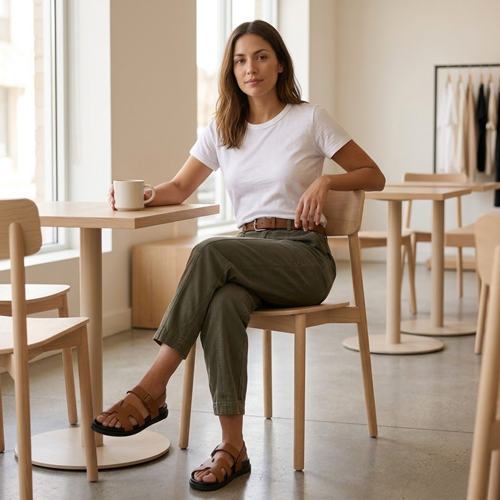 Woman wearing high waist tailored utility pants with pockets