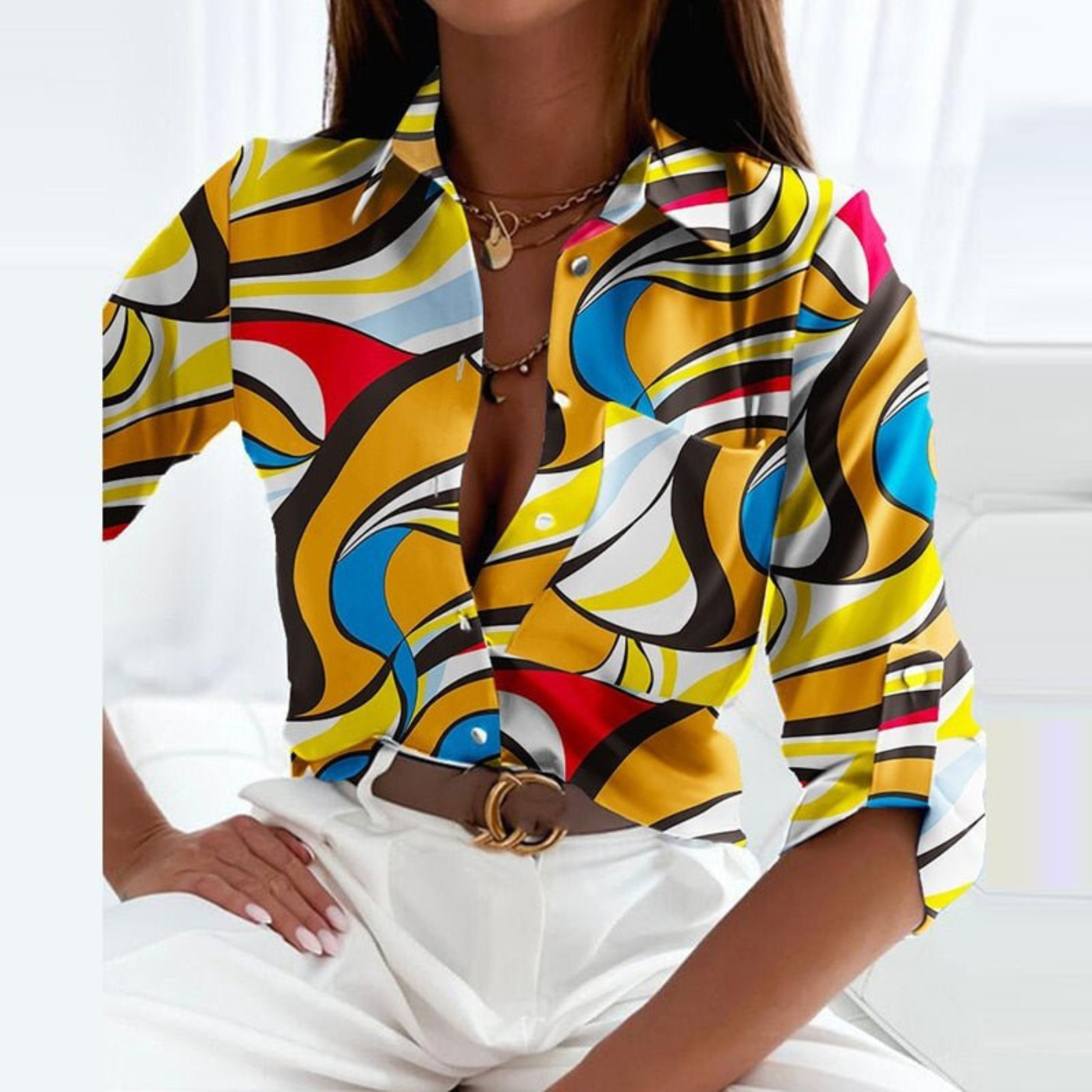 Marlowe | Women's Satin Geometric Print Button-Down Blouse