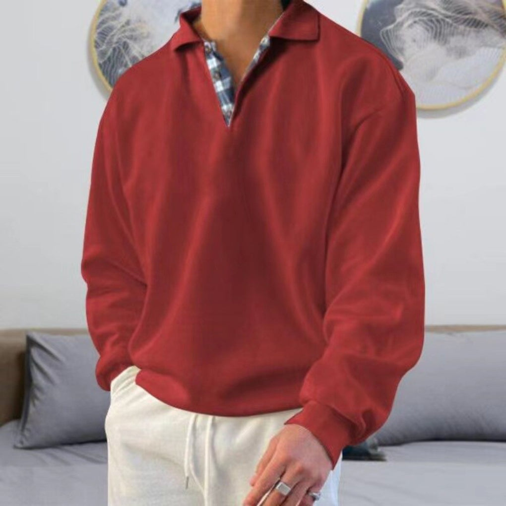 Men's half zip polo sweater with patchwork chest detail - red