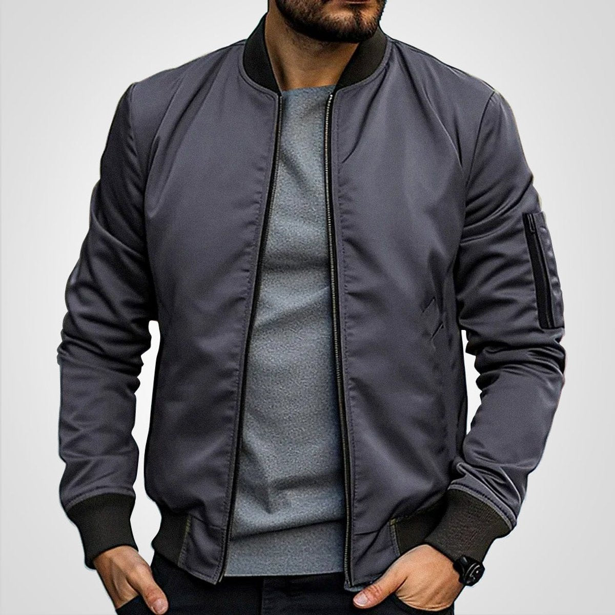 Zip-up bomber jacket for men with slim fit - dark grey