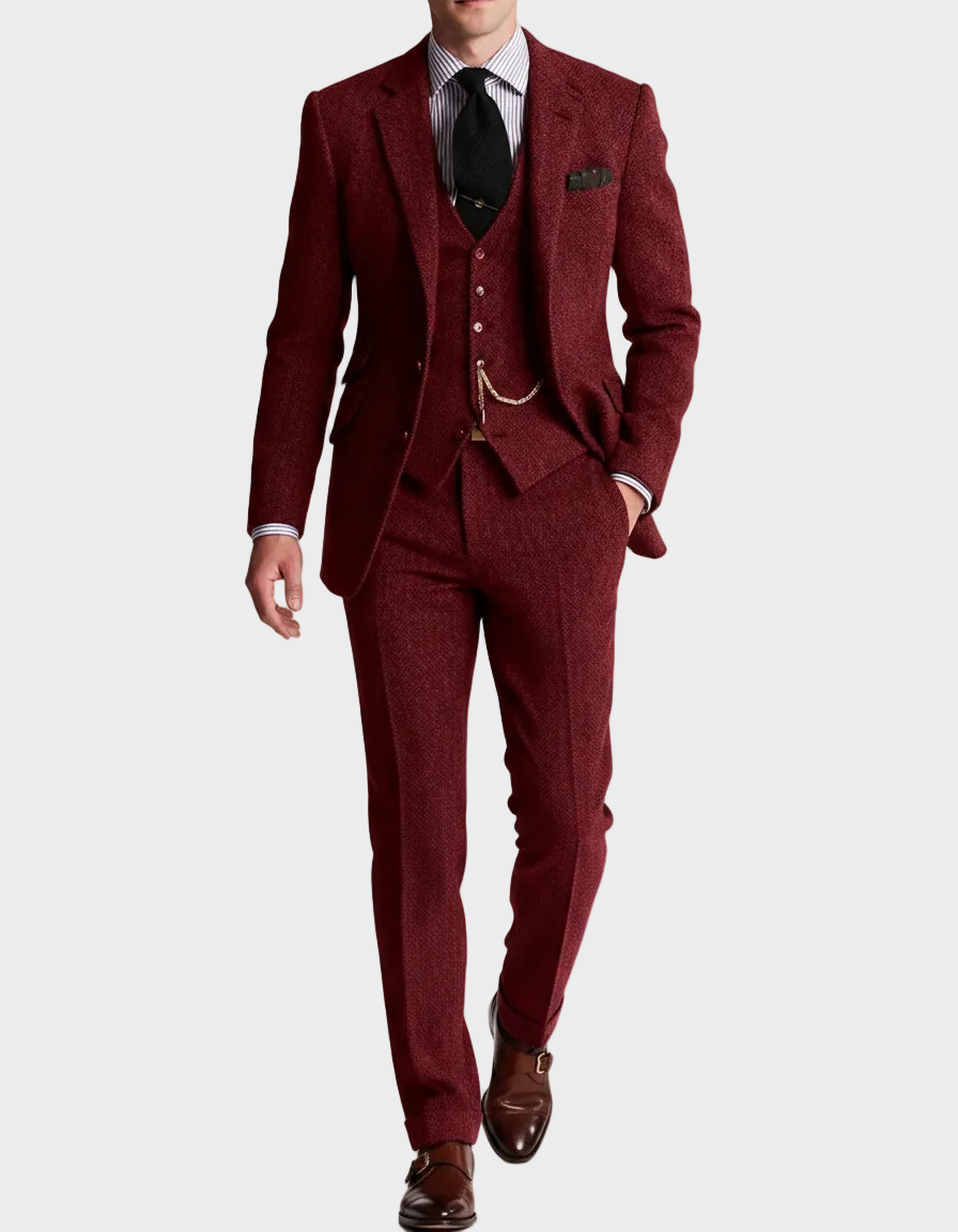 Men's Woven Three-Piece Suit with Notch Lapel and Waistcoat