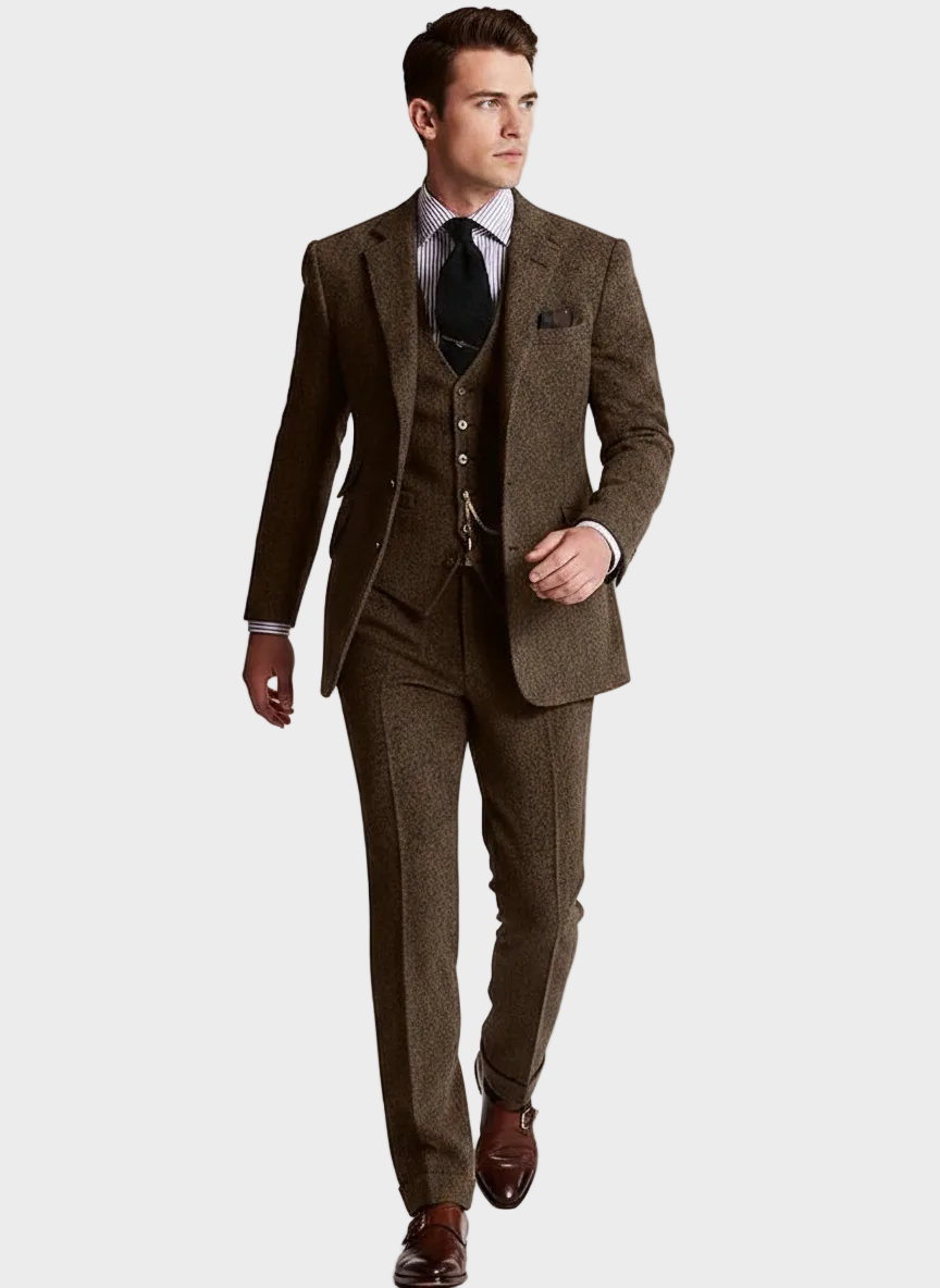 Men's Woven Three-Piece Suit with Notch Lapel and Waistcoat