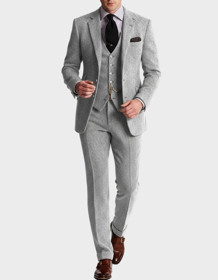 Men's Woven Three-Piece Suit with Notch Lapel and Waistcoat
