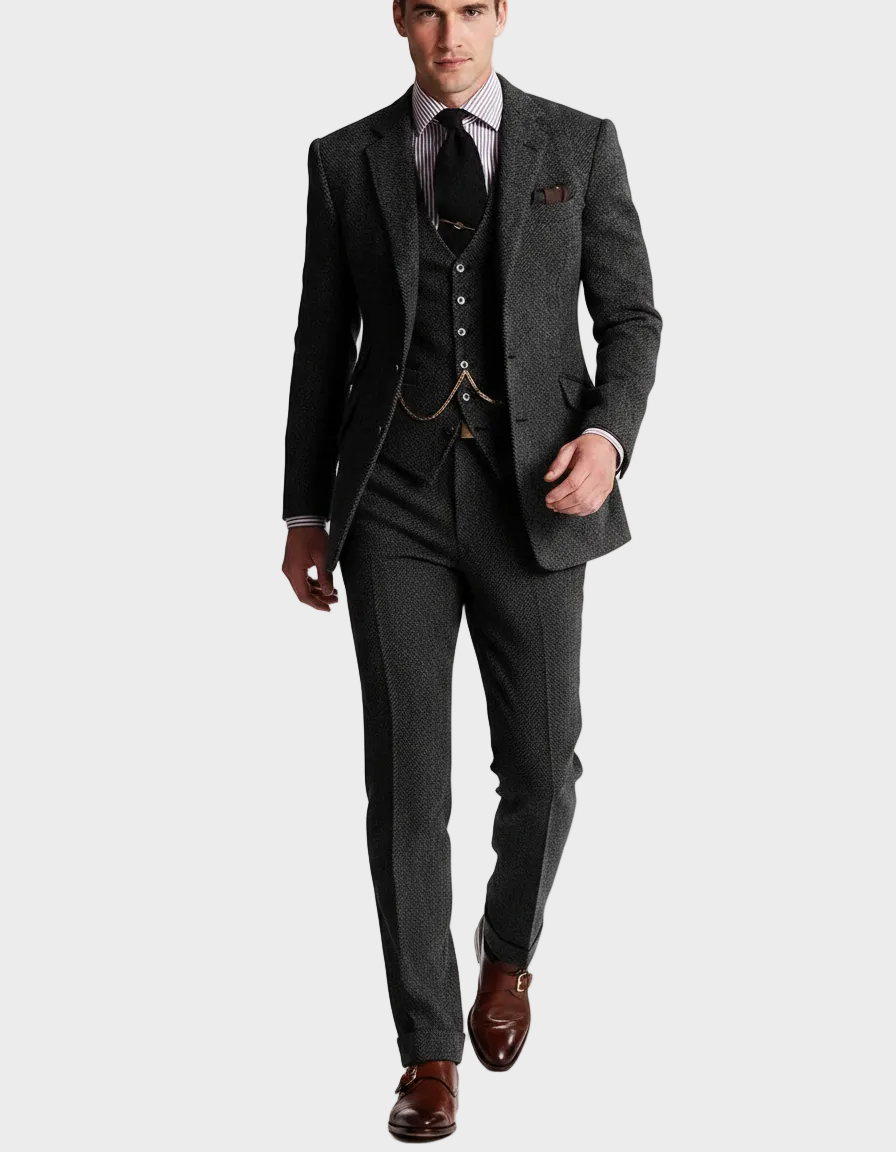 Men's Woven Three-Piece Suit with Notch Lapel and Waistcoat