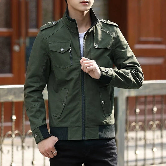 Men's zip-up bomber jacket with ribbed trim - green