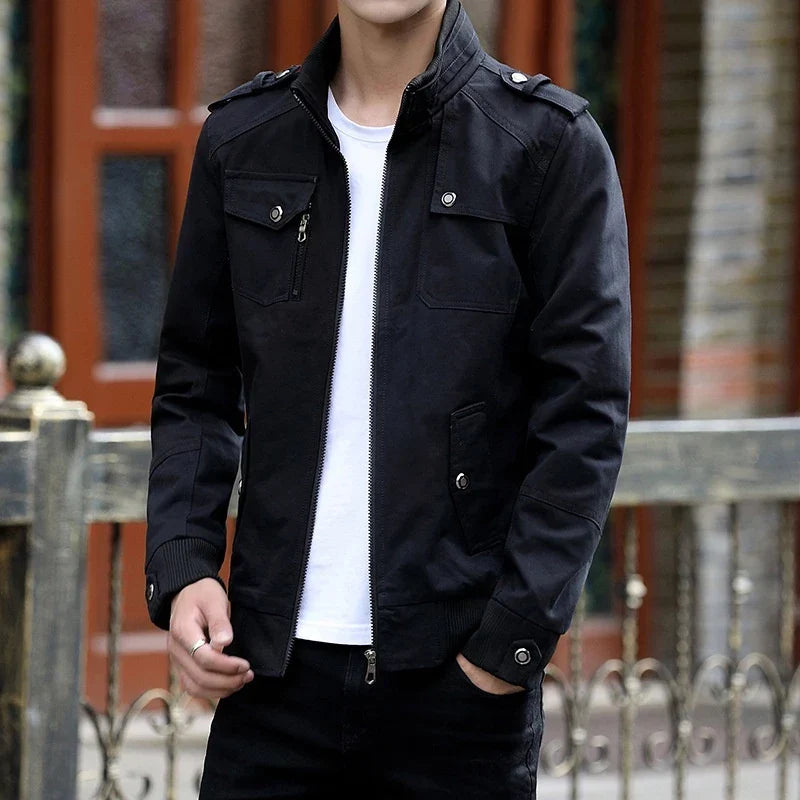 Men's zip-up bomber jacket with ribbed trim - black