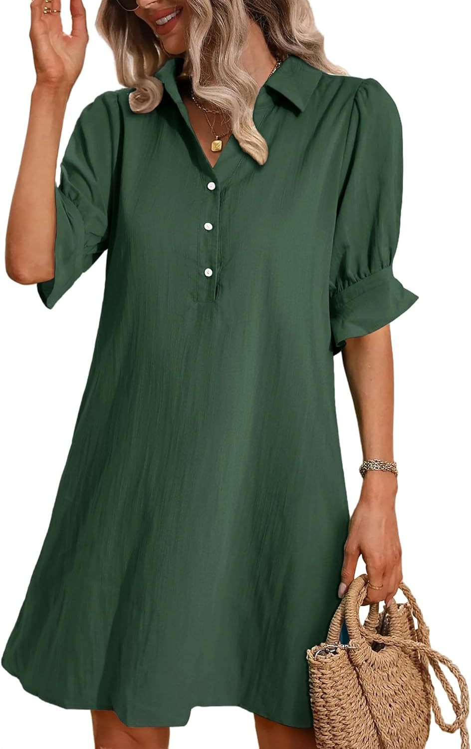 Nori | Women's Cotton Half-Button Flared Sleeve Mini Dress