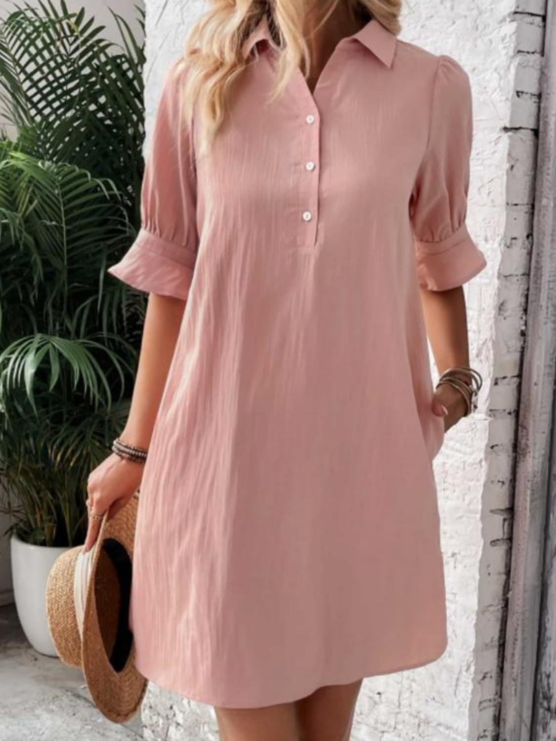 Nori | Women's Cotton Half-Button Flared Sleeve Mini Dress
