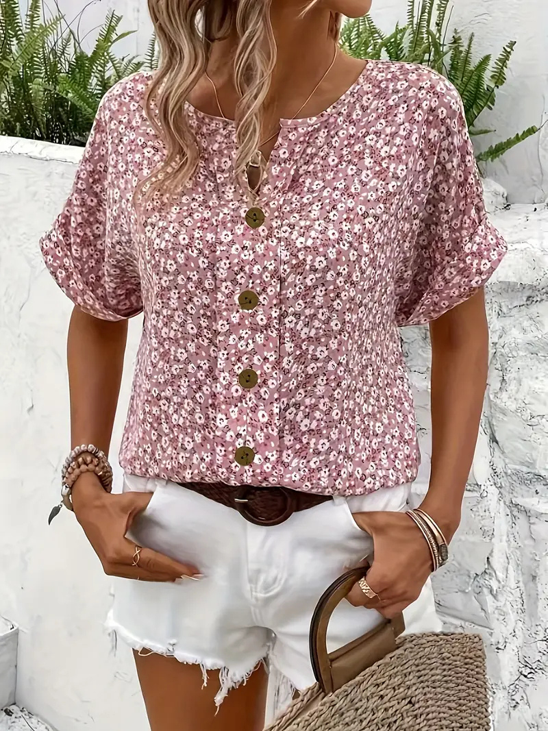 Remi | Women's Cotton Ditsy Floral Button-Front Blouse