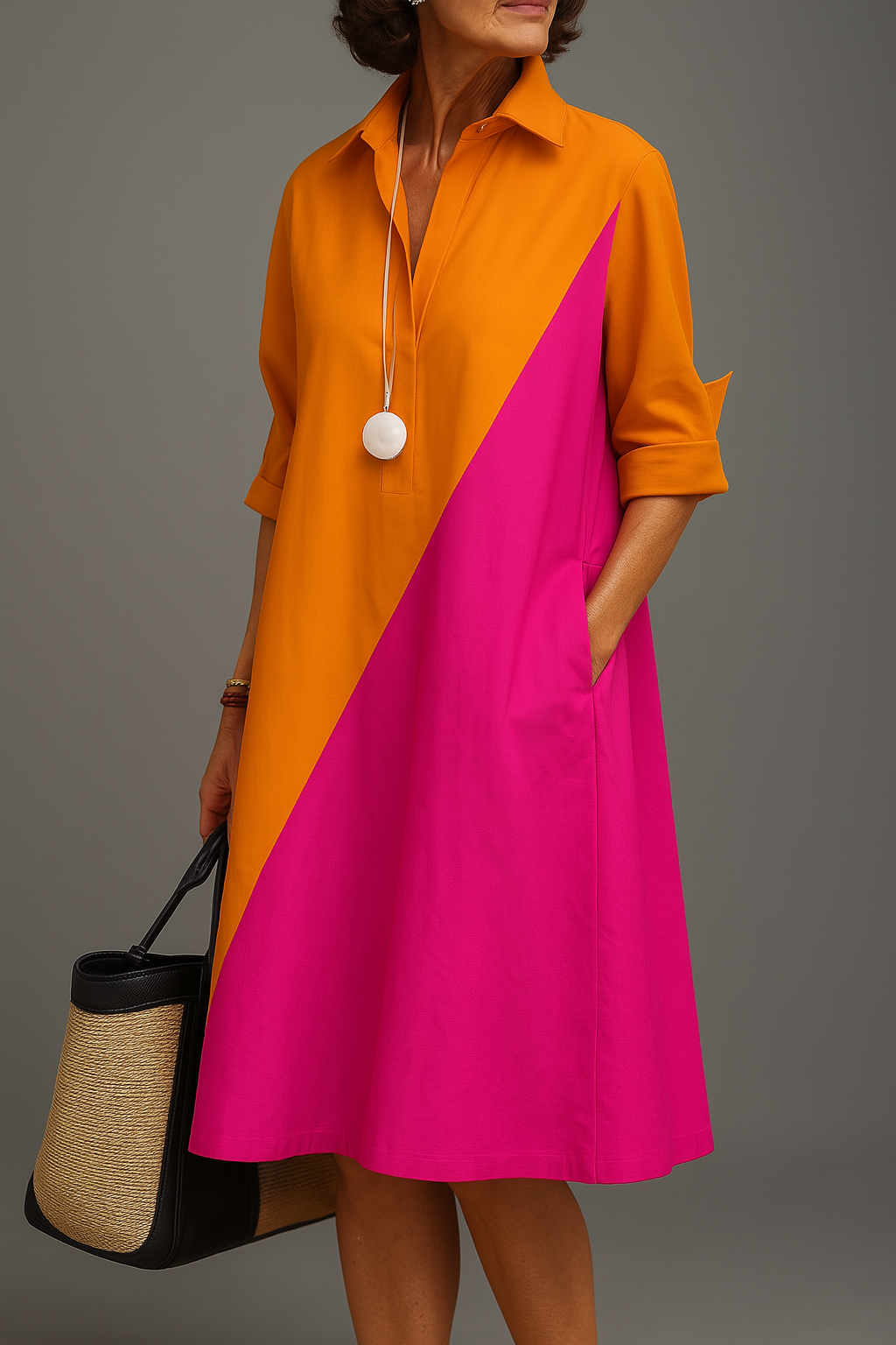 Remi | Women's Orange & Pink Cotton Diagonal Colorblock Collared Midi Dress