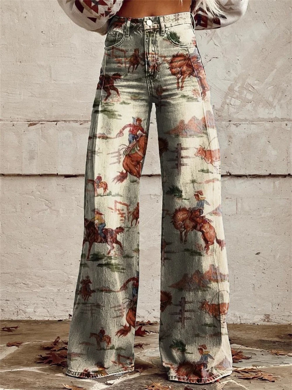 Ria | Women's Denim Western Print High-Waist Wide-Leg Pants