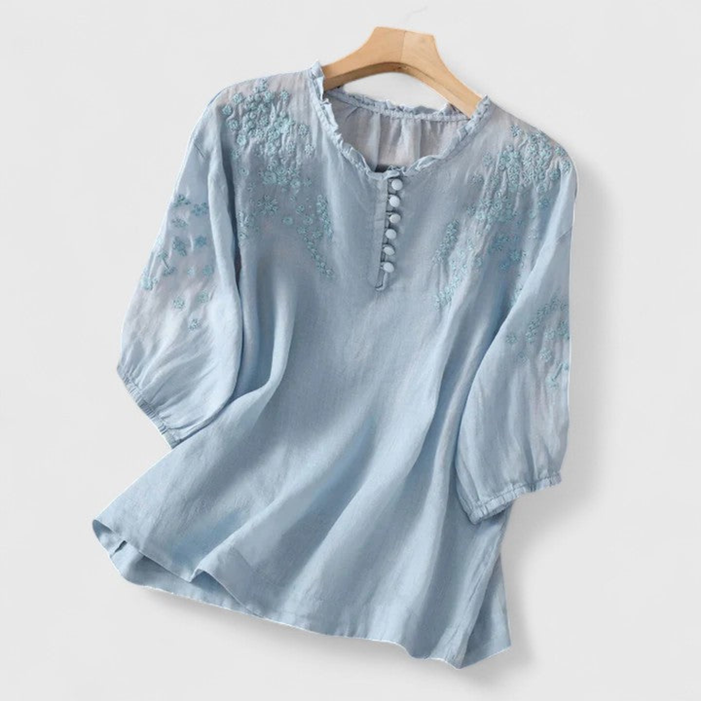 Rosie | Women's Linen Embroidered Ruffle Collar Pom-Pom Blouse