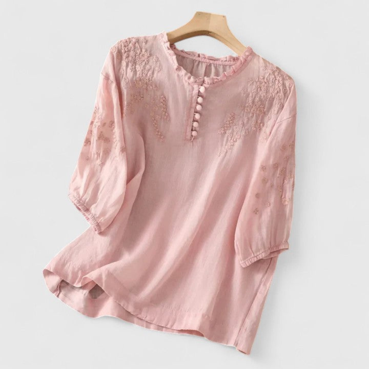 Rosie | Women's Linen Embroidered Ruffle Collar Pom-Pom Blouse