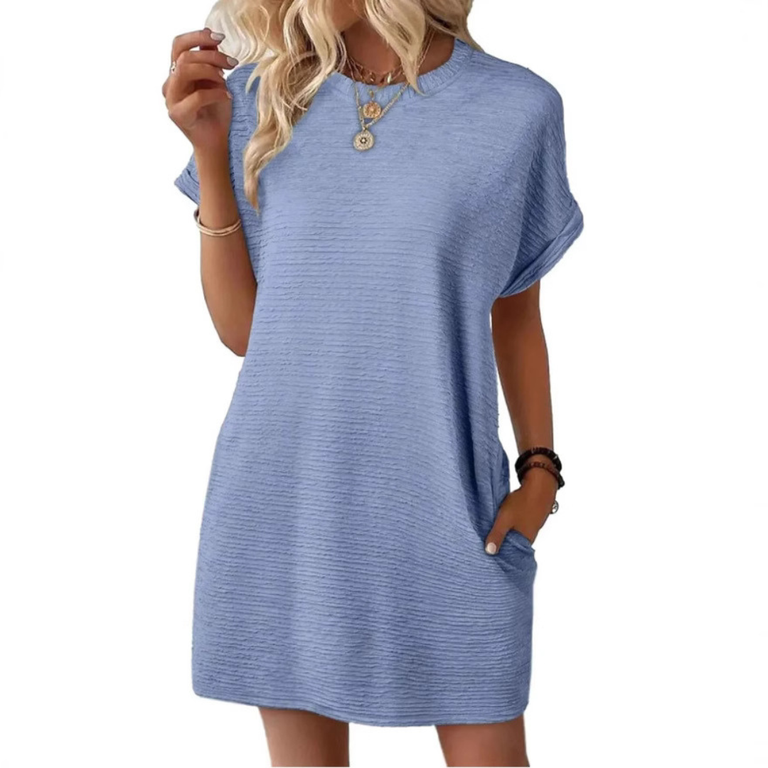 Roxanne | Women's Stretch Textured Crew-Neck Pocket Mini Dress