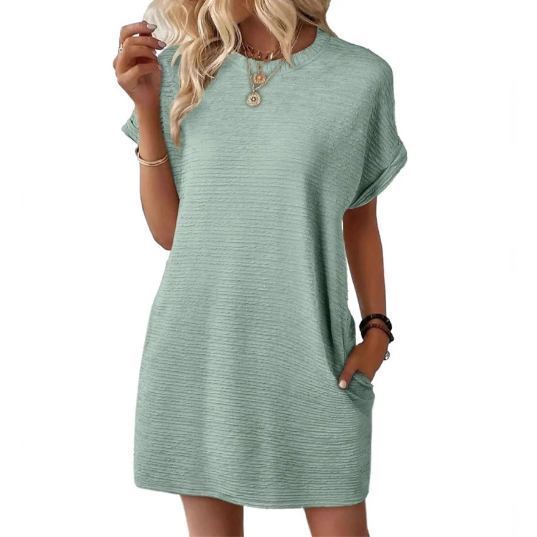 Roxanne | Women's Stretch Textured Crew-Neck Pocket Mini Dress